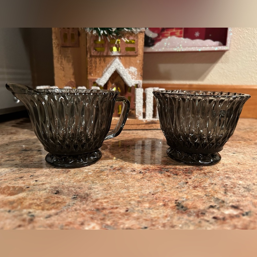 Libby Glass Smoke Gray Diamond Cut Cream & Sugar Set LRS45 Vintage Glass